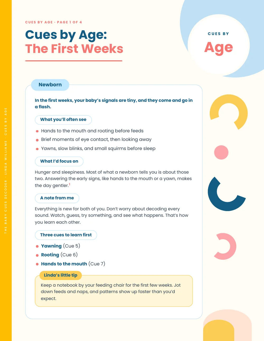 Page from The Baby Cues Decoder: Cues by age: the first weeks